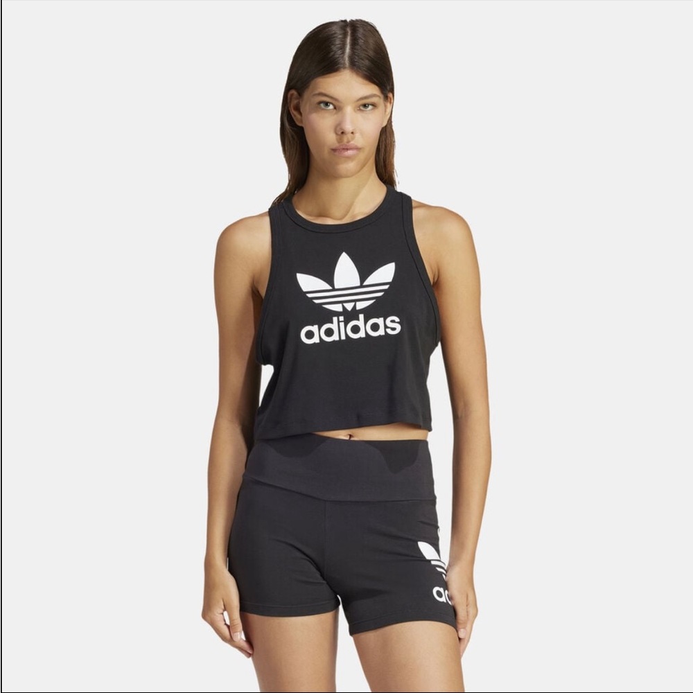 Adidas Black and White Croped Tank Top with Trefoil Logo